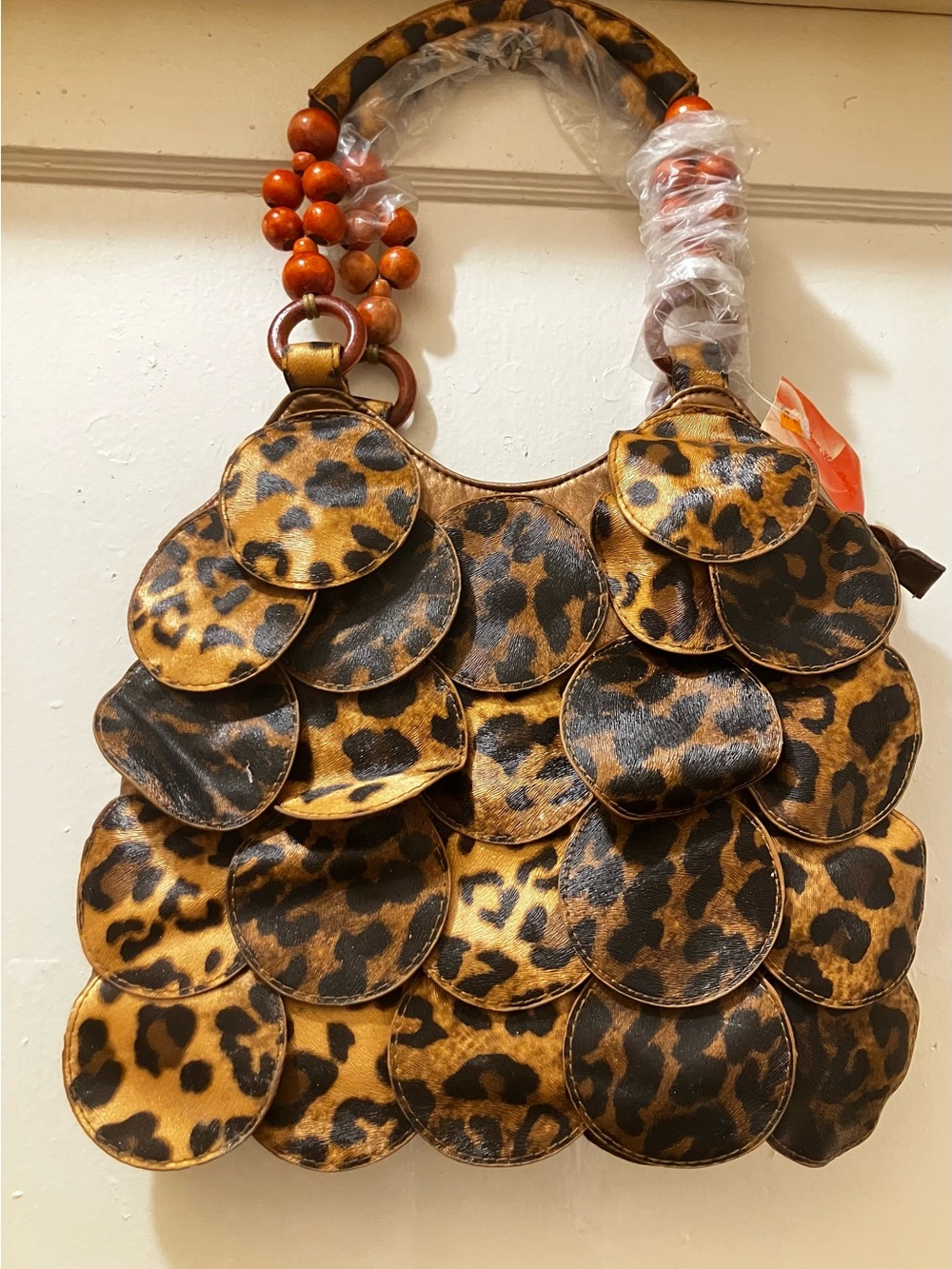 Leopard Print Scallop circle Shoulder Bag with Beaded Handle - Brown/Black - Picture 2 of 7